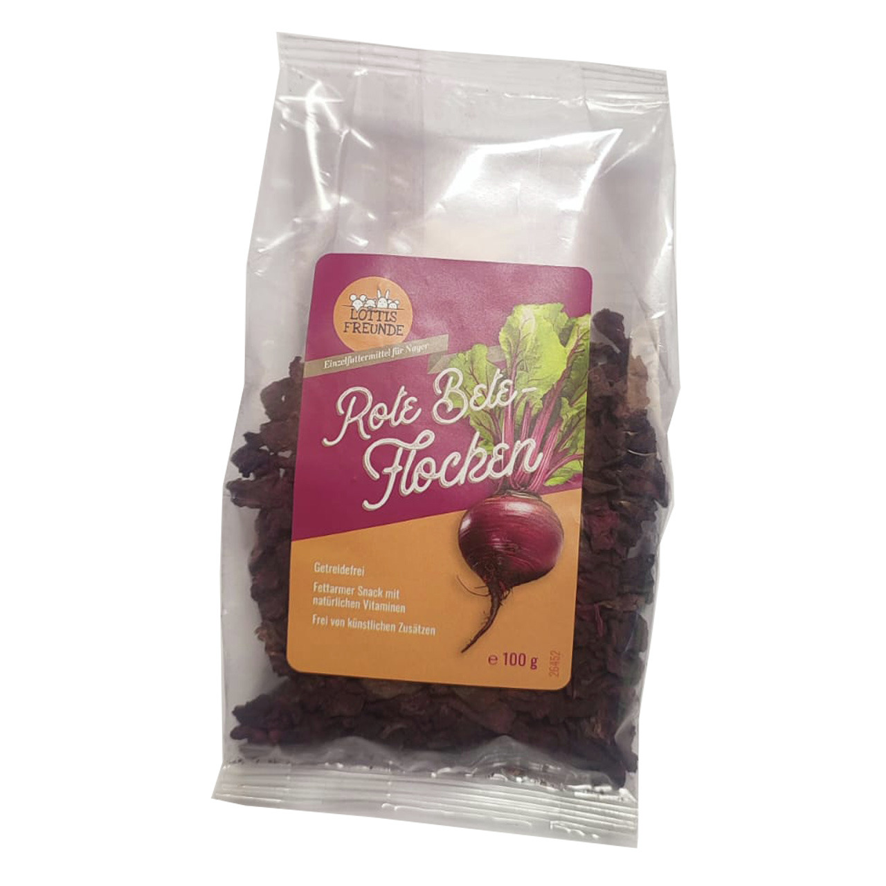 Das Bild zeigt eine transparente Verpackung des Produkts „Rote Bete Flocken“ der Marke LOTTIS FREUNDE. Es handelt sich um ein Ergänzungsfuttermittel für Nager. Die Verpackung enthält 100 g getreidefreie Flocken, die als fettarmer Snack mit natürlichen Vit