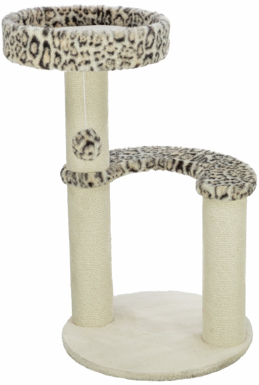 TRIXIE Kratzbaum für Katzen, beige mit Leopardenmuster, mit Plattform, Sisalstämmen und Spielzeug, für Zuhause geeignet.