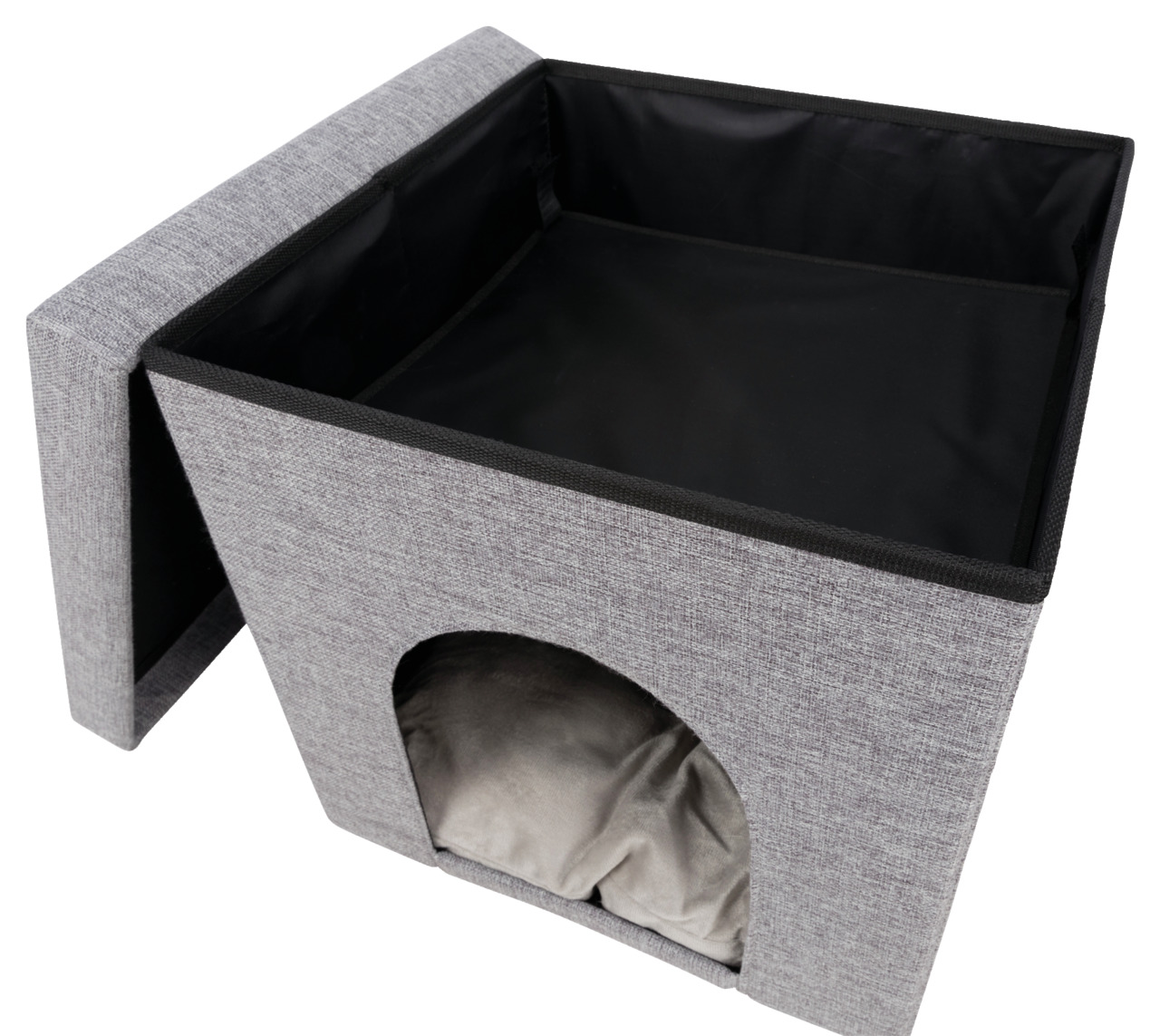 TRIXIE Kuschelhöhle für Katzen, grau, faltbar, mit weichem Kissen, Komfort & Sicherheit, ideal für Ruhephasen. Maße auf Verpackung.