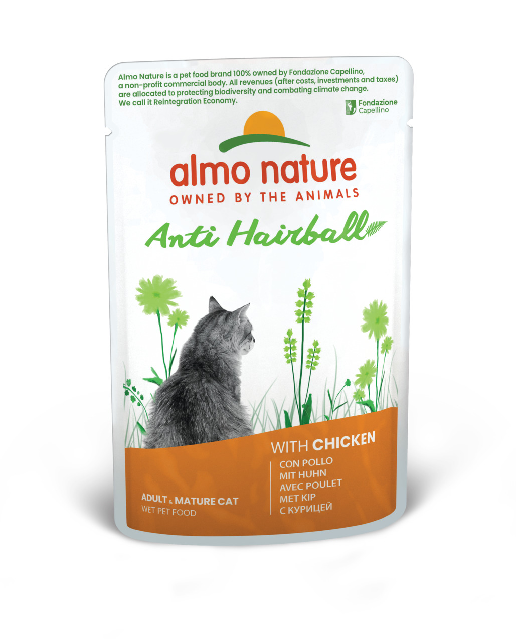 Almo Nature Anti Hairball Katzenfutter, Huhn, für erwachsene-ältere Katzen, unterstützt Haarballen-Reduktion.