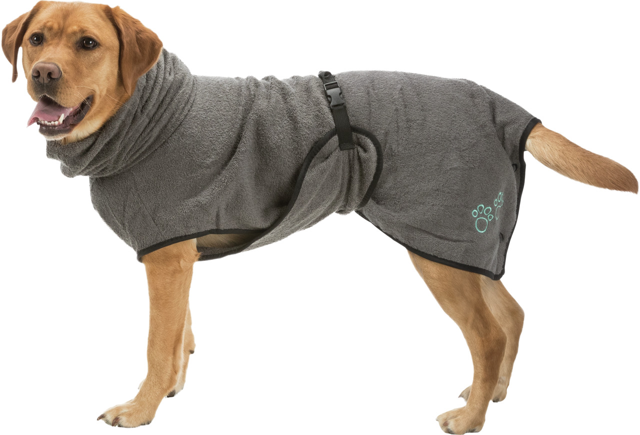 TRIXIE Bademantel für Hunde, weiches Frottee, verstellbarer Bauchgurt, Pfotenmotiv, ideal nach Baden-Regen, für Hundebesitzer.