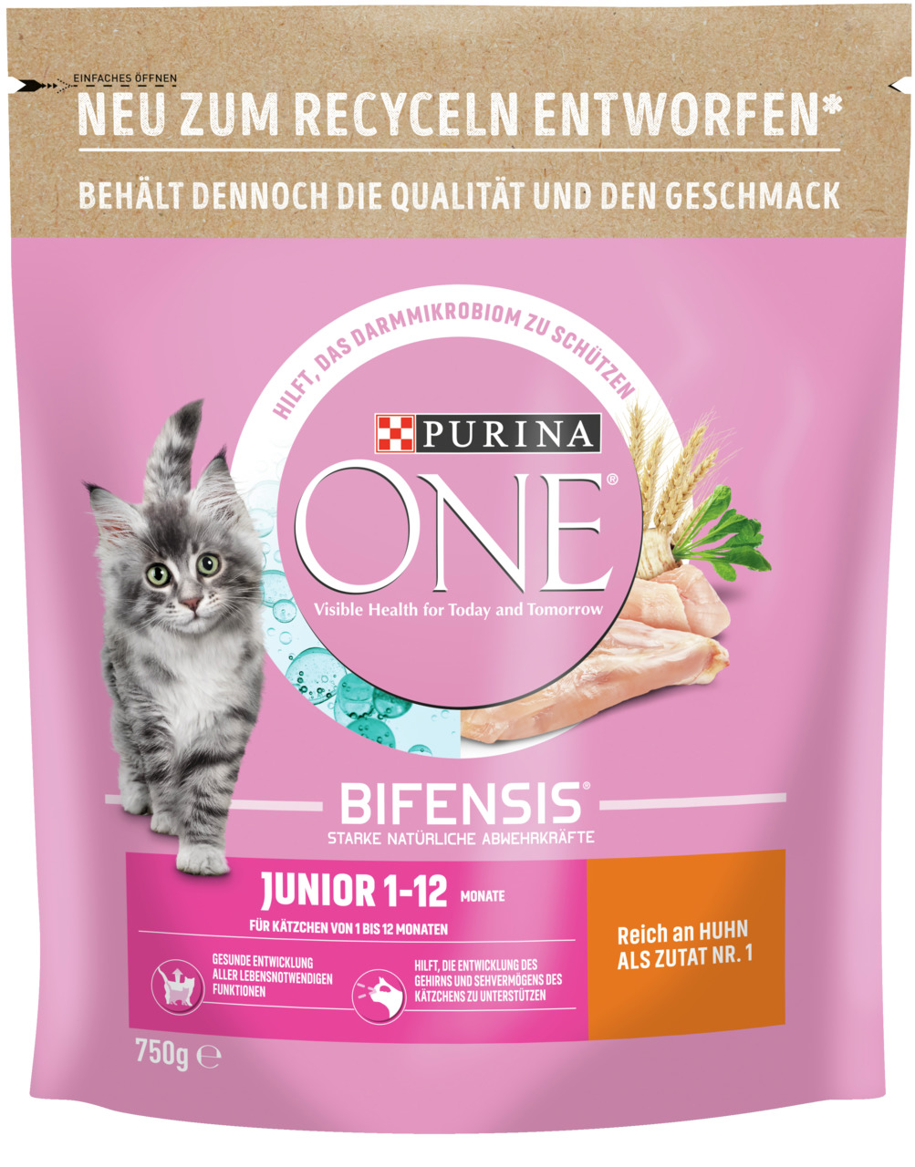 Purina ONE Bifensis Junior 1-12 Monate, Huhn, für junge Katzen, 750 g, unterstützt Immunsystem & Gehirnentwicklung, recycelbare Packung.