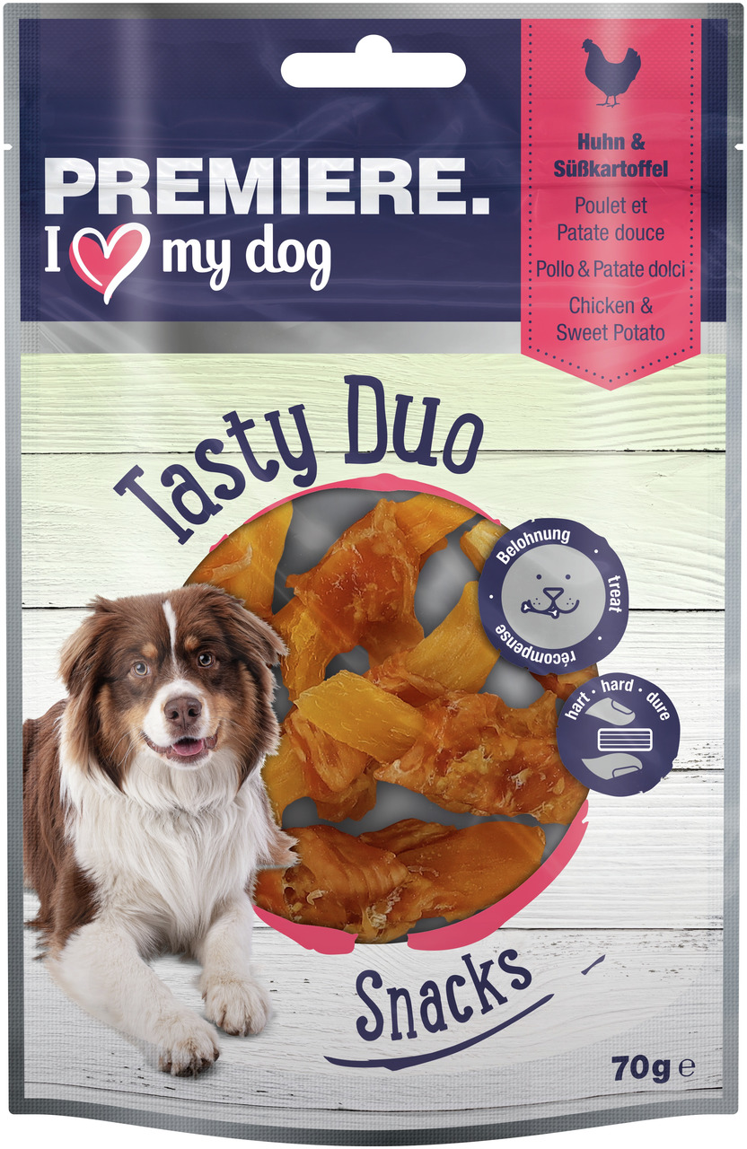 Das Bild zeigt eine Verpackung des Produkts „PREMIERE I love my dog Tasty Duo Snacks“ mit Huhn und Süßkartoffel. Es handelt sich um einen Hundesnack für ausgewachsene Hunde. Die Verpackung enthält 70 g und hebt die Geschmacksrichtung Huhn und Süßkartoffel