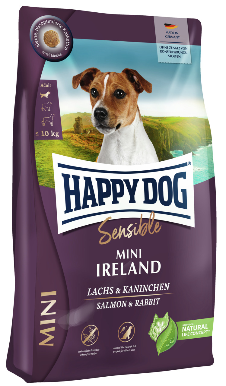 HAPPY DOG Sensible Mini Ireland, für kl. Hunde bis 10 kg, Lachs & Kaninchen, getreidefrei, Haut+Fell, bissopt. Kroketten, Made in Germany.
