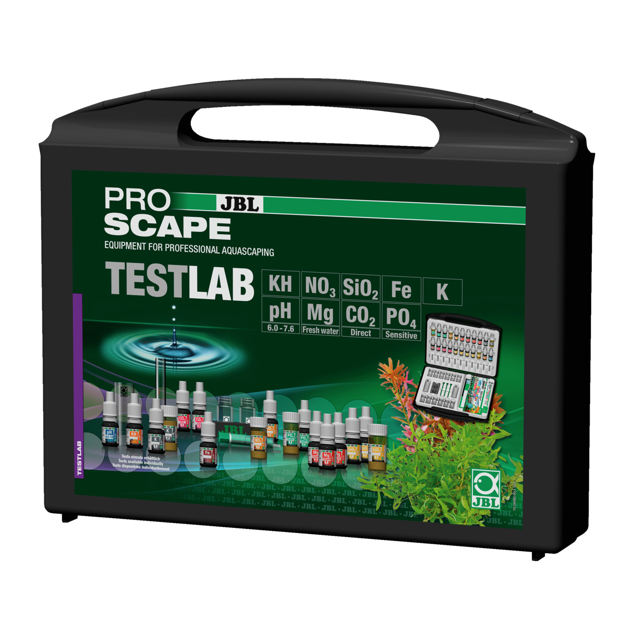 JBL ProScape Testlab, Wassertest-Set für Aquarienbesitzer, Tests: KH, pH, NO3, PO4, Fe, K, Mg, SiO2, CO2, schwarz, präzise Analysen.