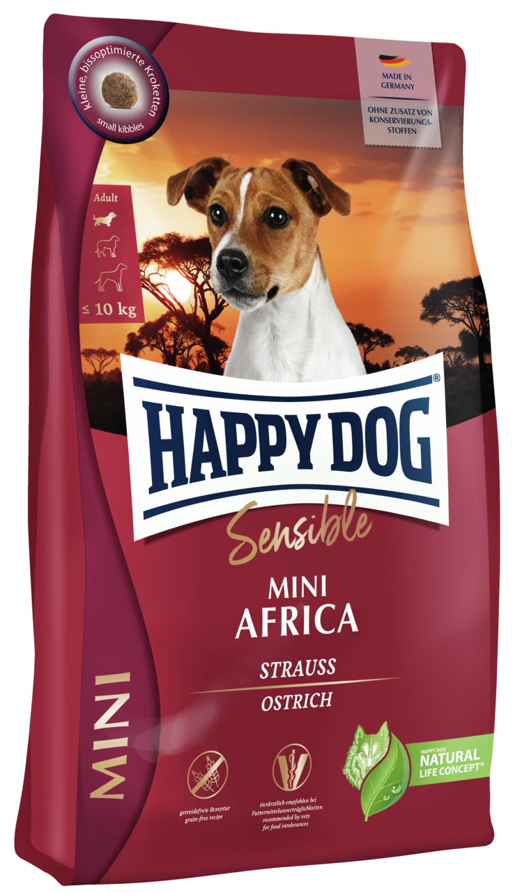 Happy Dog Sensible Mini Africa: Hundefutter für kl. Rassen bis 10 kg, Strauß, getreidefrei, für sens. Hunde, 1 kg, in Dtl. hergestellt.
