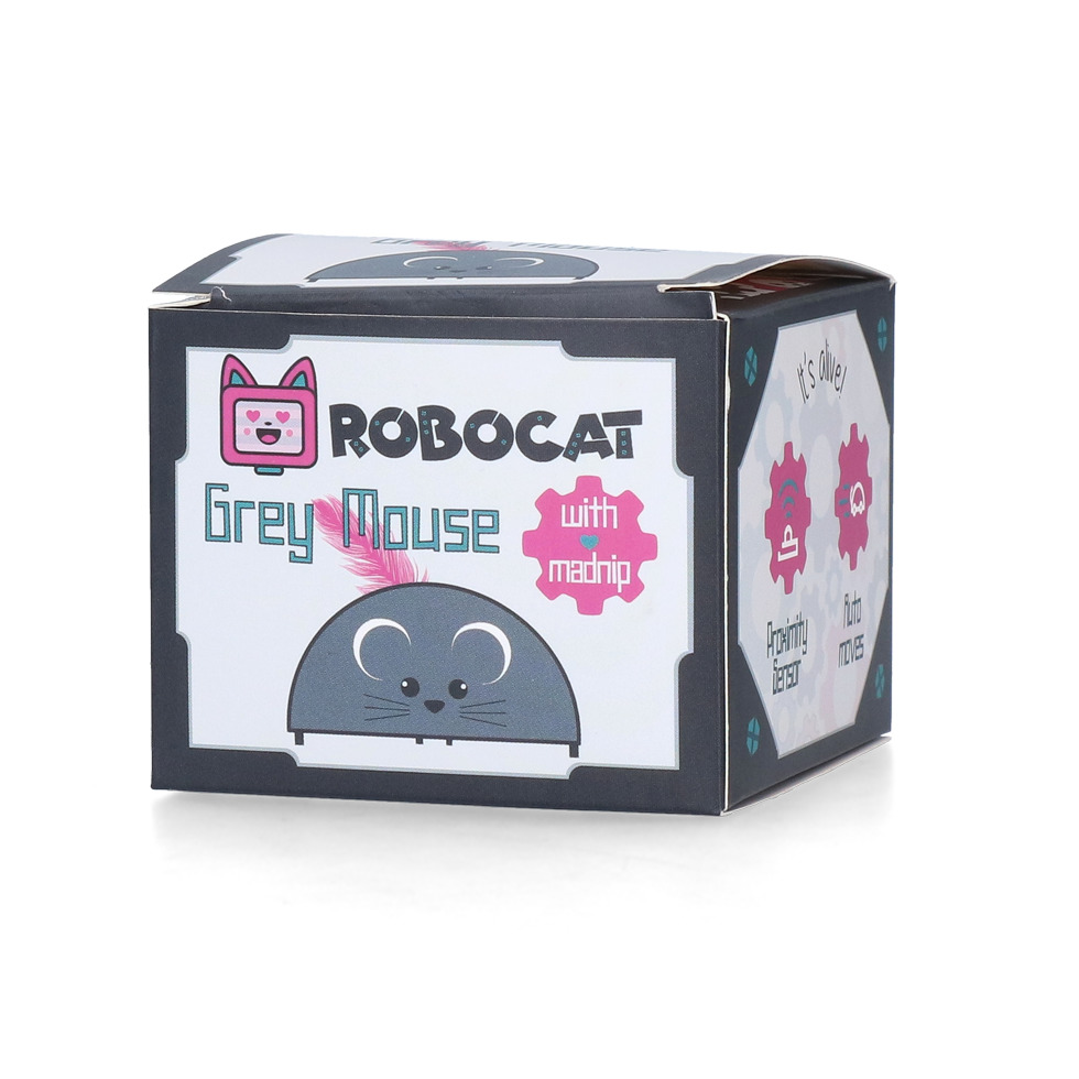 ROBOCAT Grey Mouse mit Madnip, Katzenspielzeug, graue Maus mit pinker Feder, bewegliche Teile, anregendes Design.