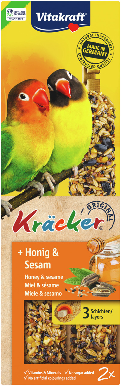 Vitakraft Kräcker Original+Honig & Sesam, für Agaporniden, 2 Stangen, natürliche Zutaten, ohne Zuckerzusatz/künstl. Farbstoffe.