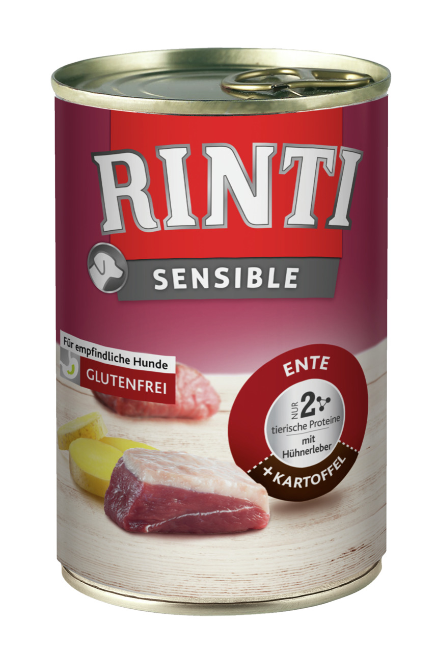 RINTI Sensible Hundefutter, Ente+Kartoffel, für empfindl. Hunde, glutenfrei, 2 % tier. Proteine (Hühnerleber), 400 g.