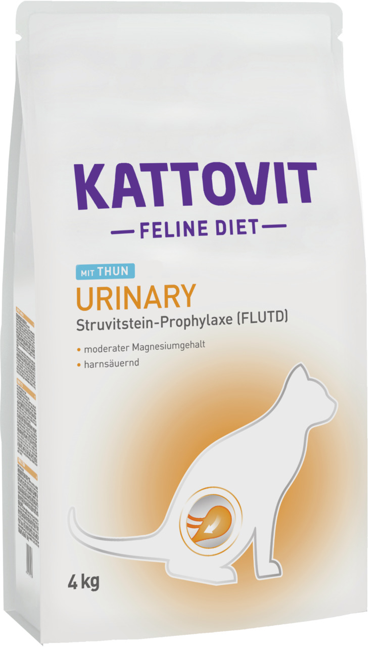Das Bild zeigt eine weiße Verpackung des Katzenfutters „Kattovit Feline Diet Urinary“ mit Thunfischgeschmack. Es ist speziell für Katzen entwickelt, um Struvitstein-Prophylaxe (FLUTD) zu unterstützen. Die Verpackung hebt einen moderaten Magnesiumgehalt un