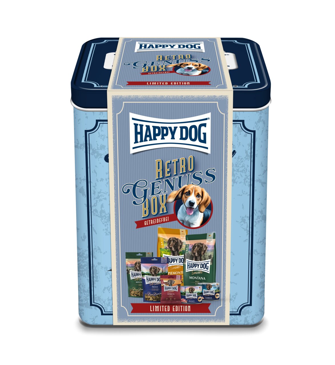 Happy Dog Retro Genuss Box – Getreidefrei, Limited Edition. Für Hunde. Geschmack: Variiert. Hochwertiges Design für Tierliebhaber.