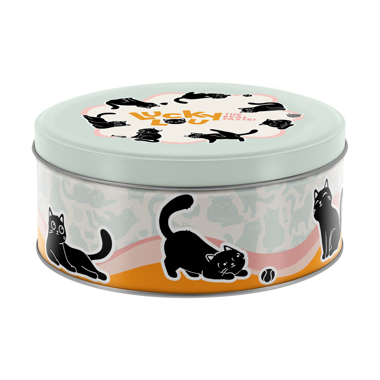 Runde Metalldose der Marke Lucky Lou mit verspieltem Katzendesign in Schwarz und Pastelltönen. Zielgruppe: Katzenhalter. Enthält Snacks für Katzen, Geschmacksrichtung nicht angegeben. Auf der Dose sind mehrere schwarze Katzen in verschiedenen Posen abgebi