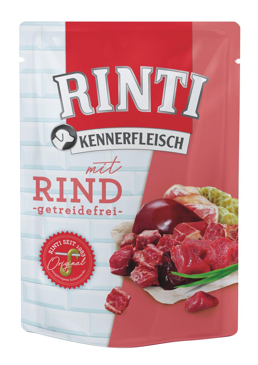RINTI Kennerfleisch mit Rind für Hunde, getreidefrei, Hauptzutat Rindfleisch, mit saftigen Fleischstücken, Innereien & grünen Kräutern.