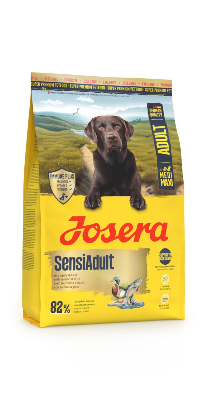 Josera SensiAdult Hundefutter für ausgewachsene Hunde, mit Lachs und Ente, 82 % tierisches Protein, unterstützt Verdauung, 15 kg.
