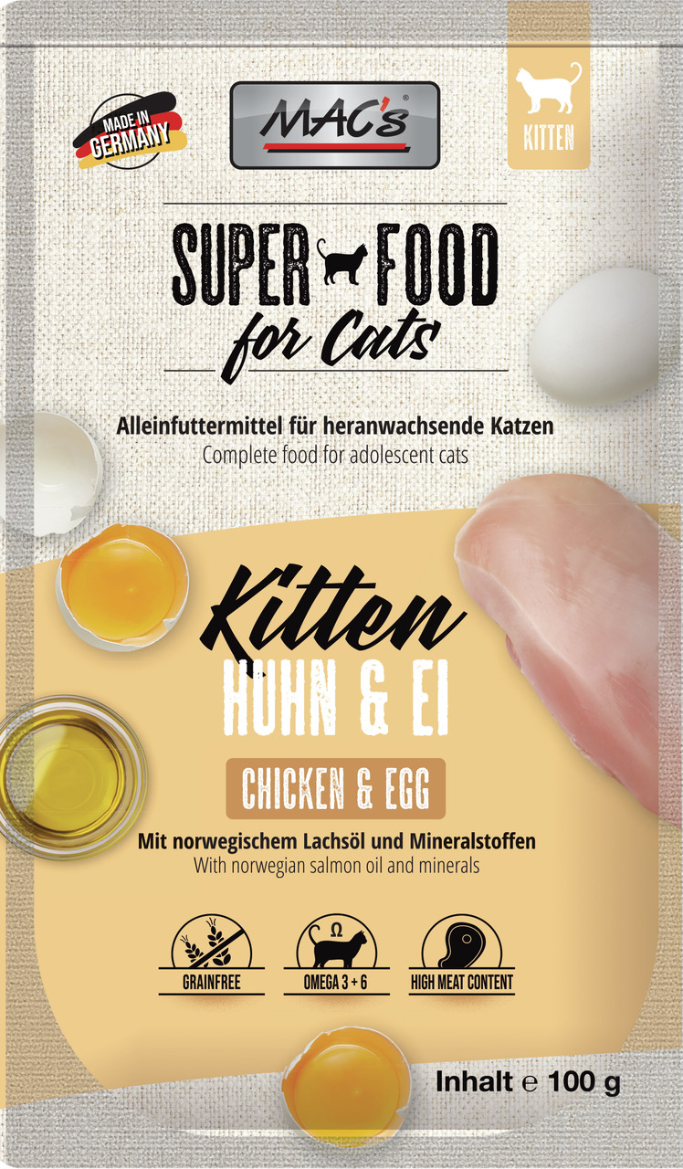 MAC's Superfood f. Cats Kitten Huhn & Ei, getreidefreies Alleinfutter m. Lachsöl, Mineralstoffen, hohem Fleischanteil, 100 g.