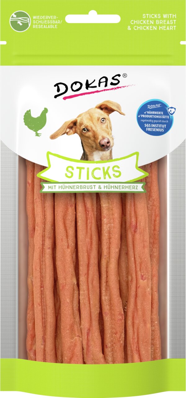 DOKAS Sticks mit Hühnerbrust und Hühnerherz für Hunde, 70g, getreidefrei, Wiederverschluss, proteinreich, ohne Zusatzstoffe.