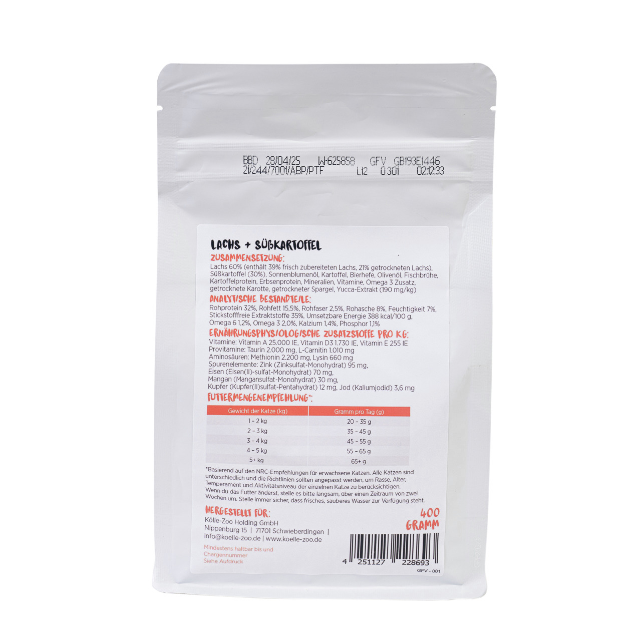 Kölle-Zoo MINCAS HÄPPCHEN Katzenfutter, Lachs + Süßkartoffel, 400g, speziell für Katzen, mit Zutaten & Fütterungsempfehlungen.