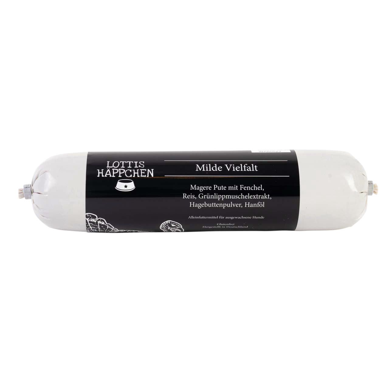 Lottis Häppchen „Milde Vielfalt“, Alleinfutter f. ausgew. Hunde, m. Pute, Fenchel, Reis, 500 g, m. Grünlippmuschel u. Hanföl.