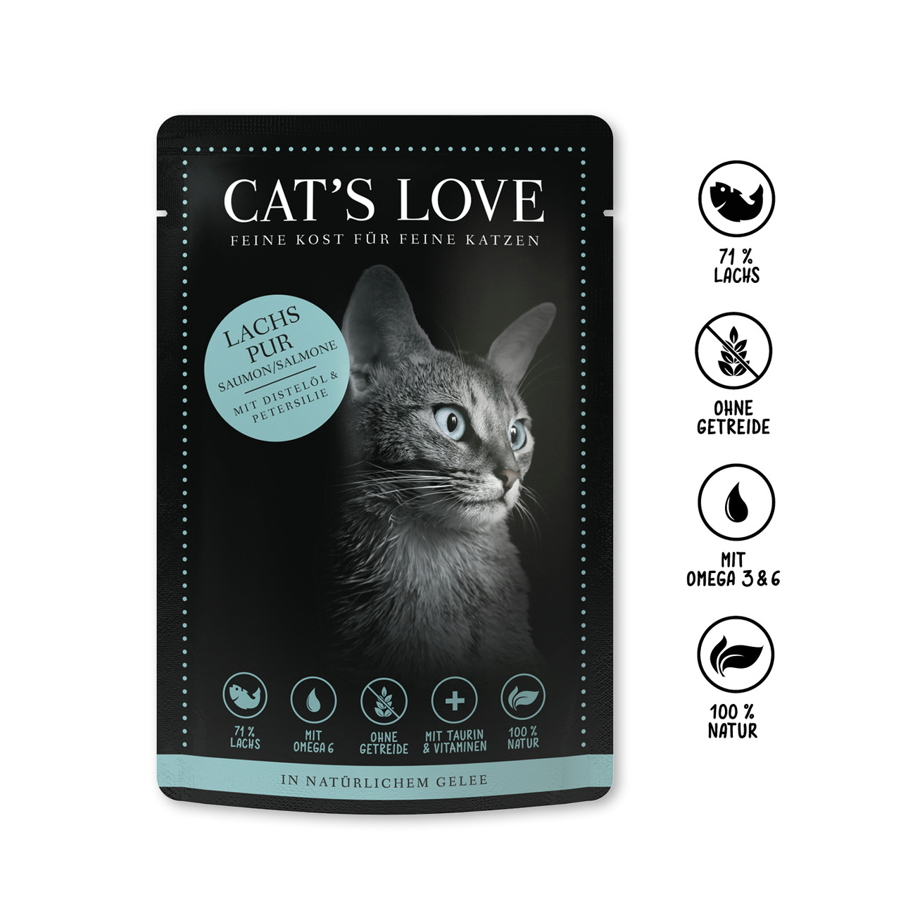 Sparpaket 12 x 85 g Cat's Love Lachs pur mit Distelöl & Petersilie Katzen Nassfutter
