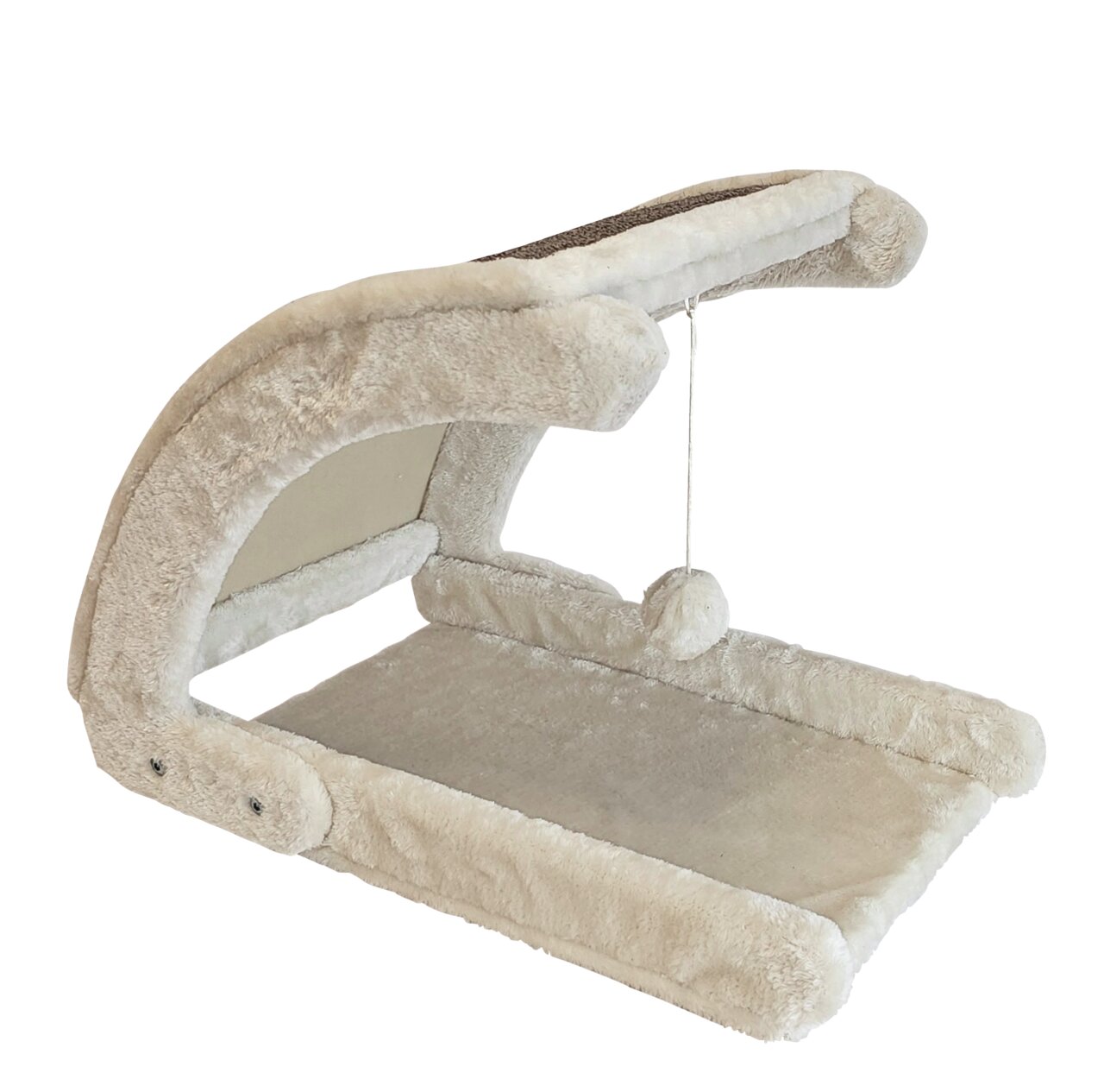 Nobby Kratzwippe für Katzen, beige, weicher Plüsch, Liegefläche, Spielkugel an Schnur, ideal zum Spielen, Kratzen, Entspannen.