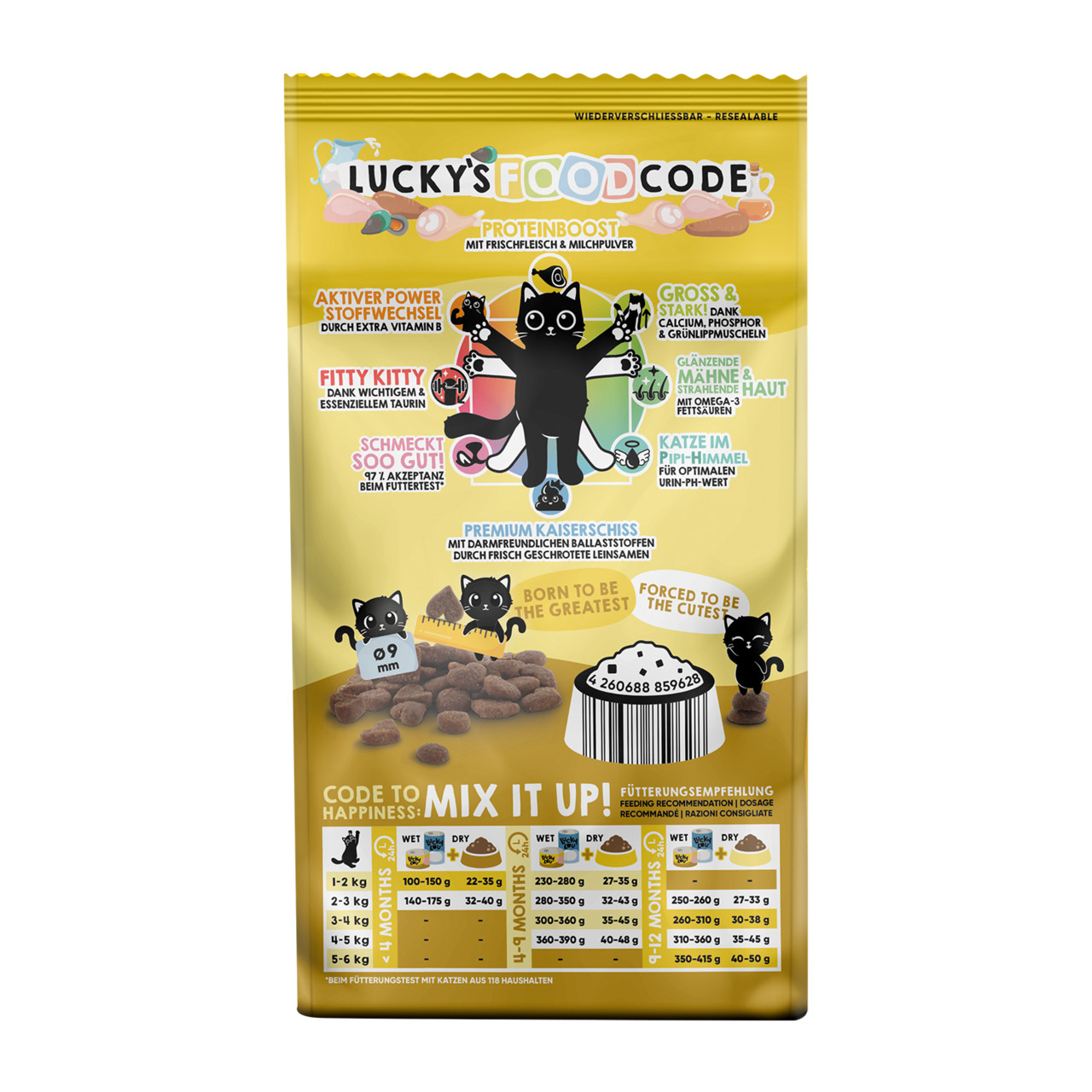Das Bild zeigt eine gelbe Verpackung des Katzenfutters „Lucky Lou Lucky’s Food Code“ mit der EAN 4260688859628. Es richtet sich an Katzen und bietet Geschmacksrichtungen wie Frischfleisch und Milchpulver. Die Verpackung hebt Vorteile wie glänzendes Fell, 