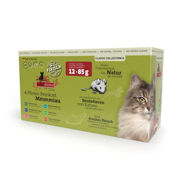 Catz finefood Classic Collection II, Katzenfutter, 6 Sorten, viel Fleisch, 12x85g, getreidefrei, ohne Zuckerzusatz, ohne Tierversuche.