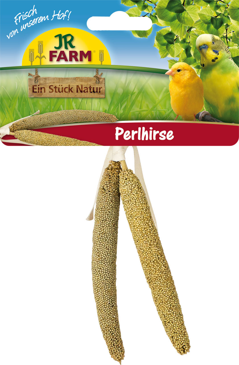 JR FARM Perlhirse, Futtermischung für Ziervögel (Wellensittiche, Kanarienvögel), 2 Hirsestangen, „Frisch von unserem Hof!“, artgerecht.