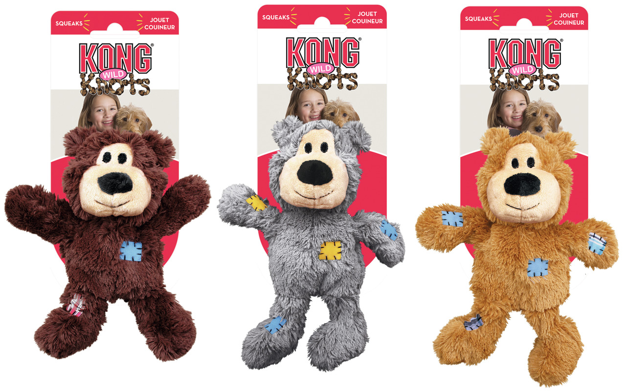 KONG Wild Knots Plüschspielzeug für Hunde, Bär, Braun/Grau/Beige, mit Quietscher, fördert Spielspaß.