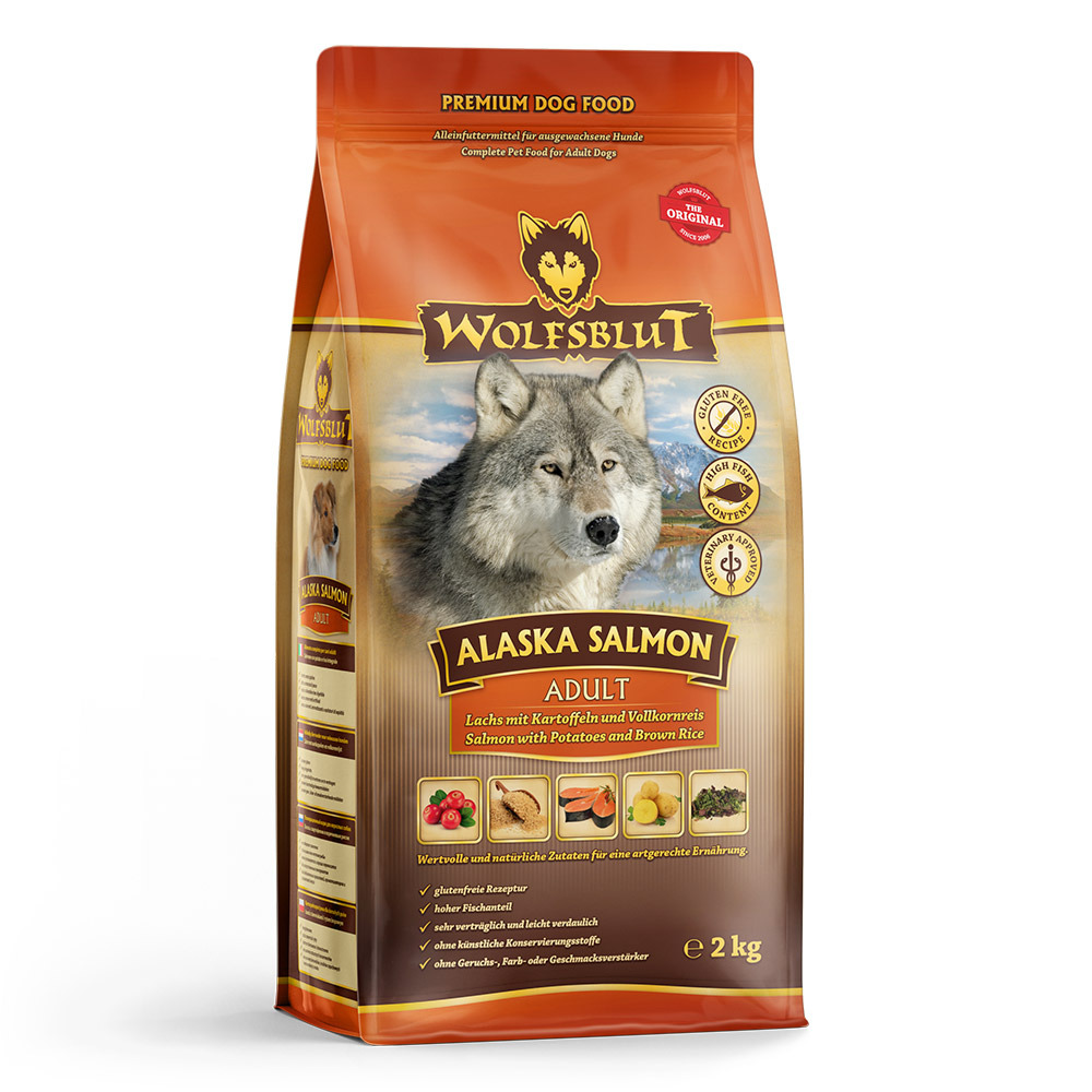 Wolfsblut Alaska Salmon Adult, 2 kg, für ausgew. Hunde, Lachs, Kartoffeln, Vollkornreis, glutenfrei, leicht verdaulich, reich an Fisch.