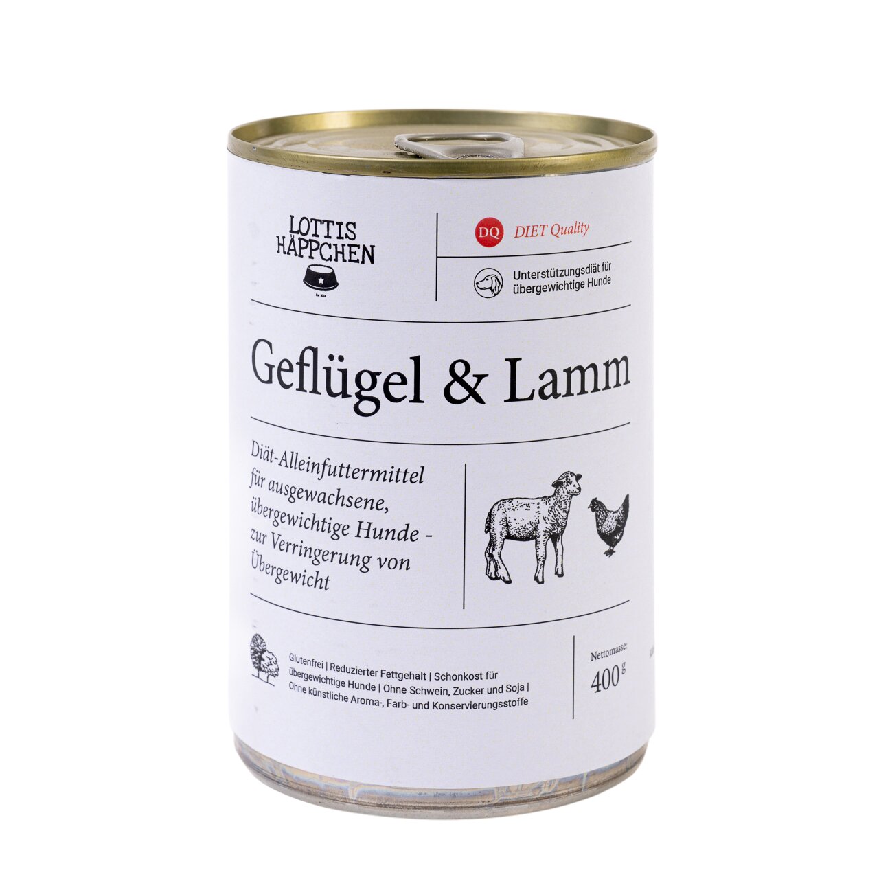 Lottis Häppchen Geflügel & Lamm, Diät-Alleinfutter, erw. übergew. Hunde, Gewichtsreduktion, 400 g, Label „Diet Quality“.