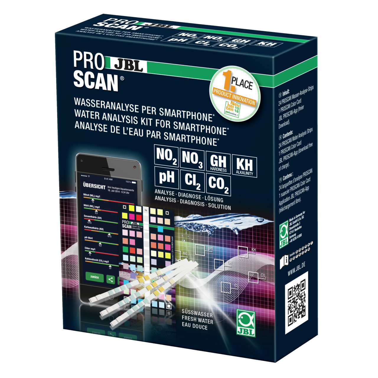 JBL ProScan Wasseranalyse-Kit, für Aquarien, Süßwasser, per App, misst NO2, NO3, GH, KH, pH, Cl2, CO2, inkl. Teststreifen & Farbkarte.