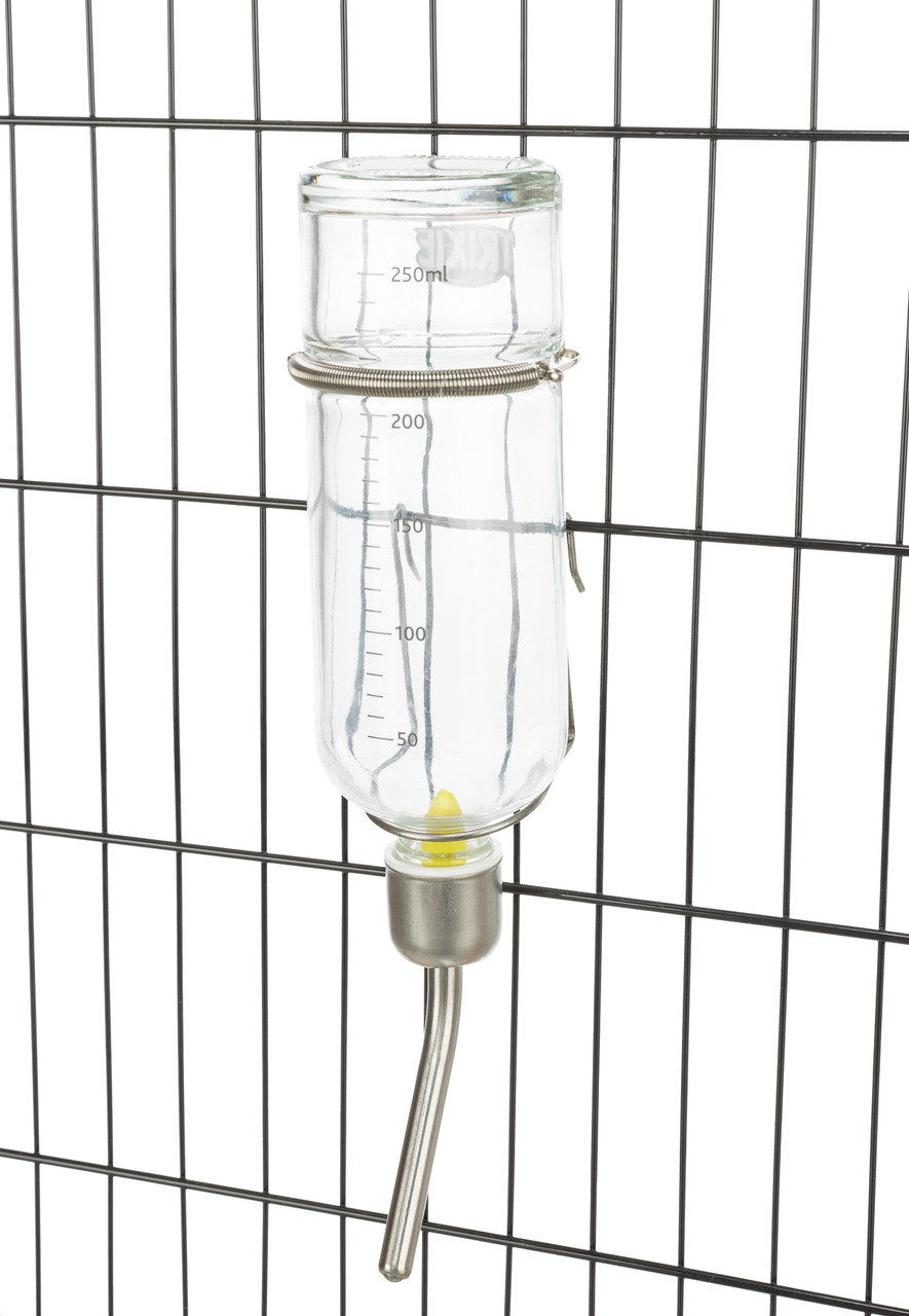 TRIXIE Glastränke, 250 ml, für Kleintiere (Kaninchen-Meerschweinchen), robustes Glas, Edelstahlröhre, Skala, Gitterbefestigung.