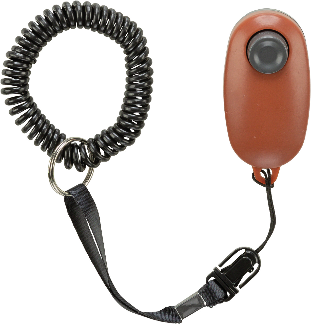 Das Bild zeigt den TRIXIE Clicker mit Spiralschlaufe, ein Trainingsgerät für Hunde. Der Clicker ist braun mit einer schwarzen Taste und wird mit einer elastischen Spiralschlaufe geliefert, die an einem Schlüsselring befestigt ist. Ideal für positive Verst