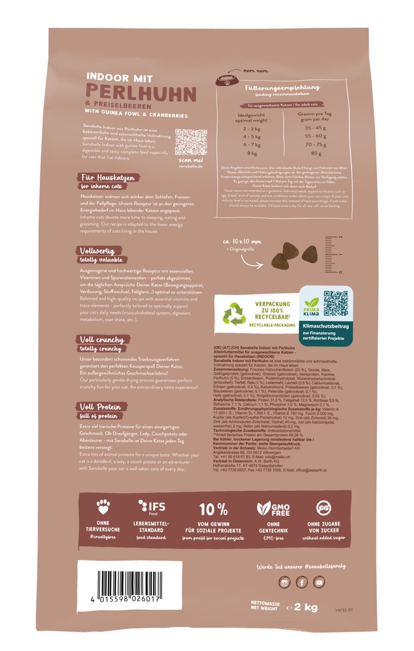 Sanabelle Indoor, Hauskatzen, Perlhuhn & Preiselbeeren, proteinreich, gesund, knusprig, 2 kg, 100 % recycelbare Verpackung.