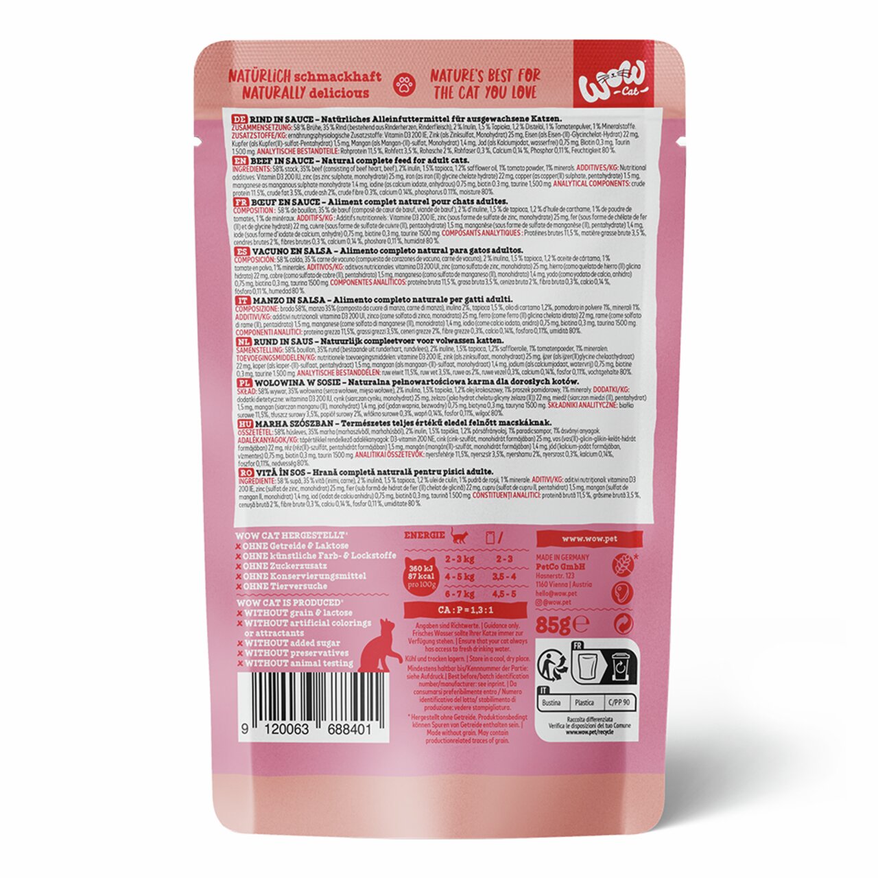 WOW CAT Rind in Sauce, für ausgew. Katzen, Geschm.: Rind, 85 g, ohne Getreide, künstl. Farbst., Zucker, Konserv., Tierversuche.