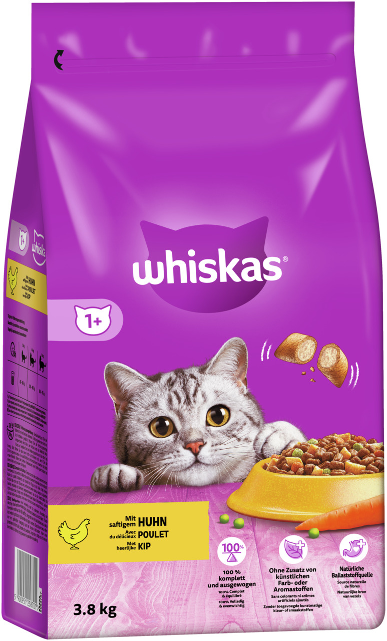 Whiskas 1+ Katzenfutter Huhn, 3,8 kg, für Katzen ab 1 Jahr, 100 % komplett & ausgewogen, ohne künstl. Farb-/Aromastoffe, mit Ballaststoffen