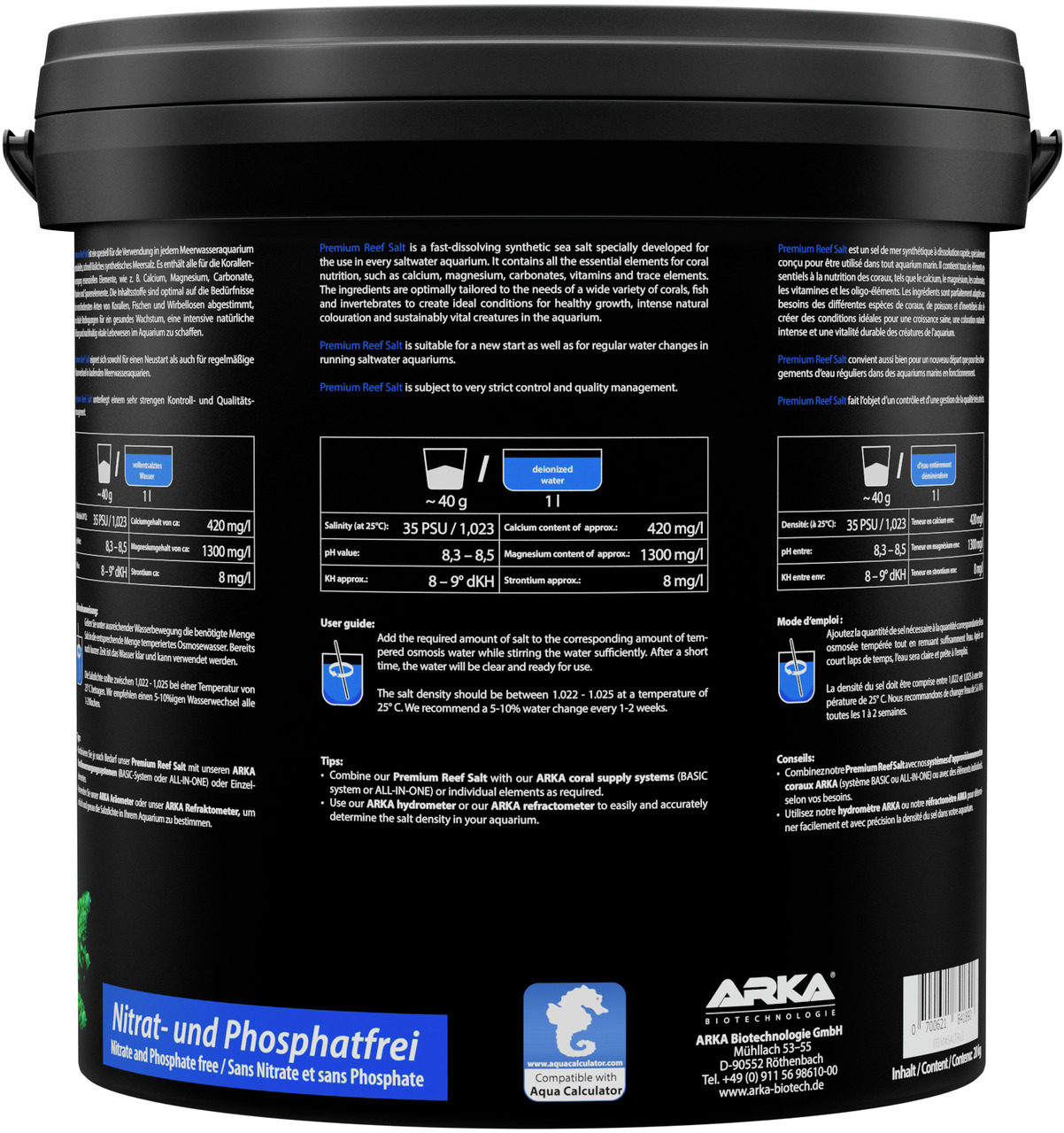 ARKA Premium Reef Salt, synthetisches Meersalz für Meerwasseraquarien, nitrat-/phosphatfrei, mit Kalzium/Magnesium, 5 kg.