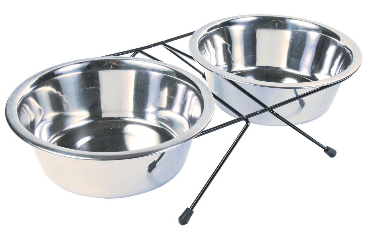 TRIXIE Edelstahlnäpfe, Hunde/Katzen, schwarz, rutschfest, hygienisch, langlebig, ideal für Wasser/Futter, inkl. Metallständer.