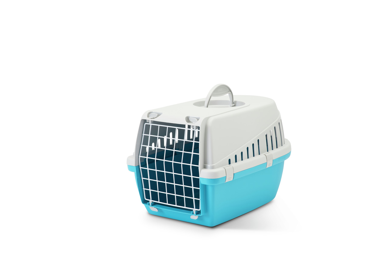 SAVIC Transportbox Trotter 1: Für Katzen & kl. Hunde, robust, komfortabel, Blau-Weiß, Metallgitter, Tragegriff.