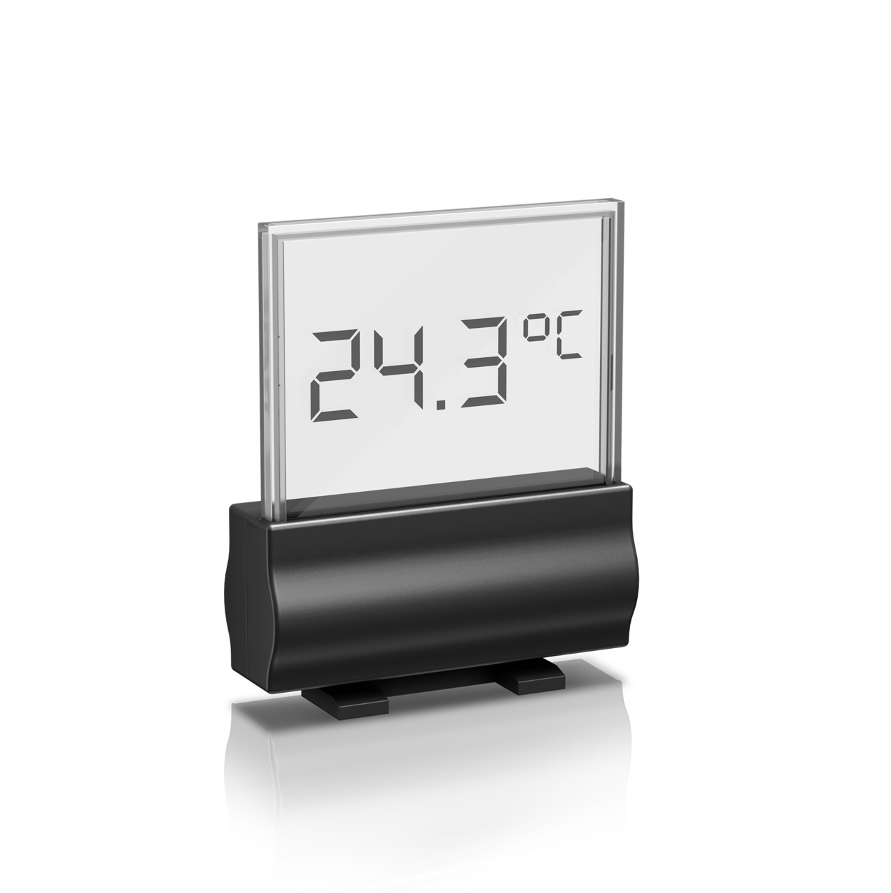 Das Bild zeigt ein digitales Aquariumthermometer der Marke JUWEL mit einer klaren Anzeige von 24,3 °C. Das Gerät ist speziell für Aquarien konzipiert und richtet sich an Aquarienbesitzer, die die Wassertemperatur präzise überwachen möchten. Es hat ein mod