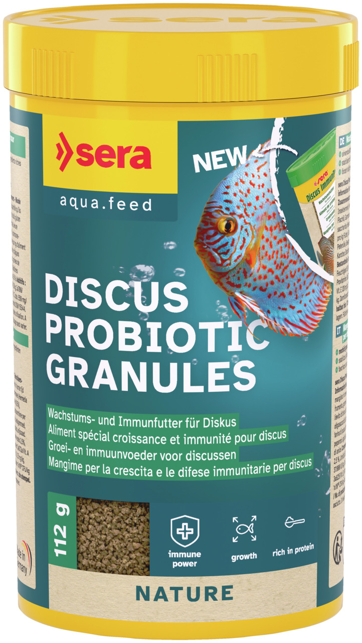 Das Bild zeigt eine gelbe Dose des Produkts "sera Discus Probiotic Granules" mit einem Fassungsvermögen von 112 g. Es handelt sich um ein spezielles Granulatfutter für Diskusfische, das das Wachstum und die Immunabwehr fördert. Die Zielgruppe sind Aquarie