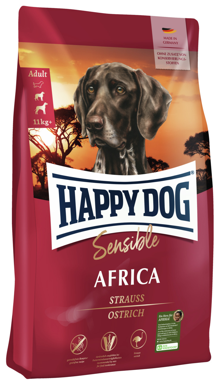 Happy Dog Sensible Africa, Trockenfutter für Hunde ab 11 kg, Strauß, getreidefrei, leicht verdaulich, 1 kg.