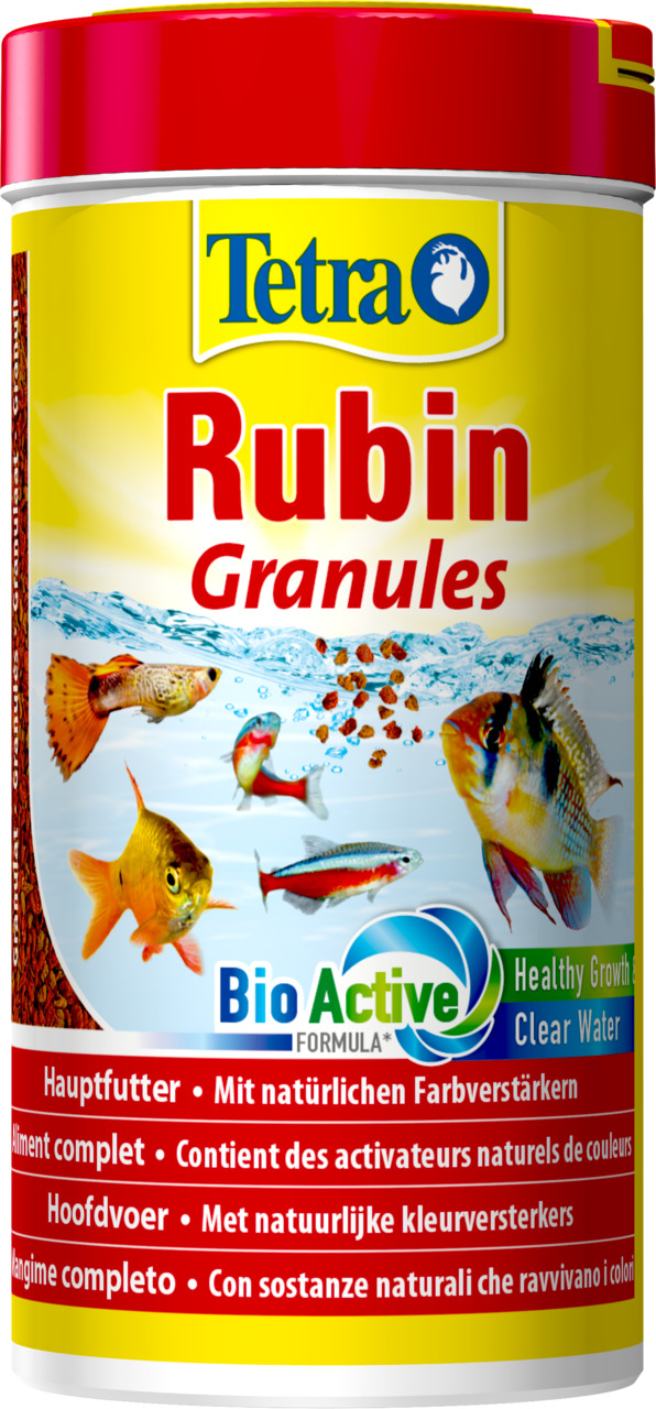 Das Bild zeigt eine Dose des Fischfutters „Tetra Rubin Granules“ der Marke Tetra. Es handelt sich um Hauptfutter für Zierfische, das natürliche Farbstoffverstärker enthält. Die Verpackung hebt die BioActive-Formel hervor, die für gesundes Wachstum und kla