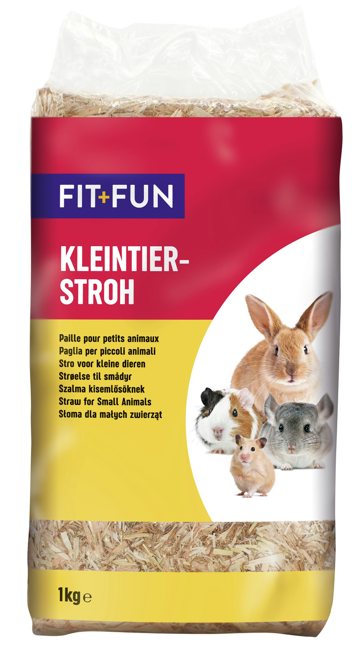Das Bild zeigt eine Verpackung des Produkts „fit+fun Kleintier-Stroh“ mit einem Gewicht von 1 kg. Es handelt sich um Stroh für Kleintiere wie Kaninchen, Meerschweinchen, Hamster und Chinchillas. Die Verpackung ist rot-gelb gestaltet und zeigt Bilder der Z