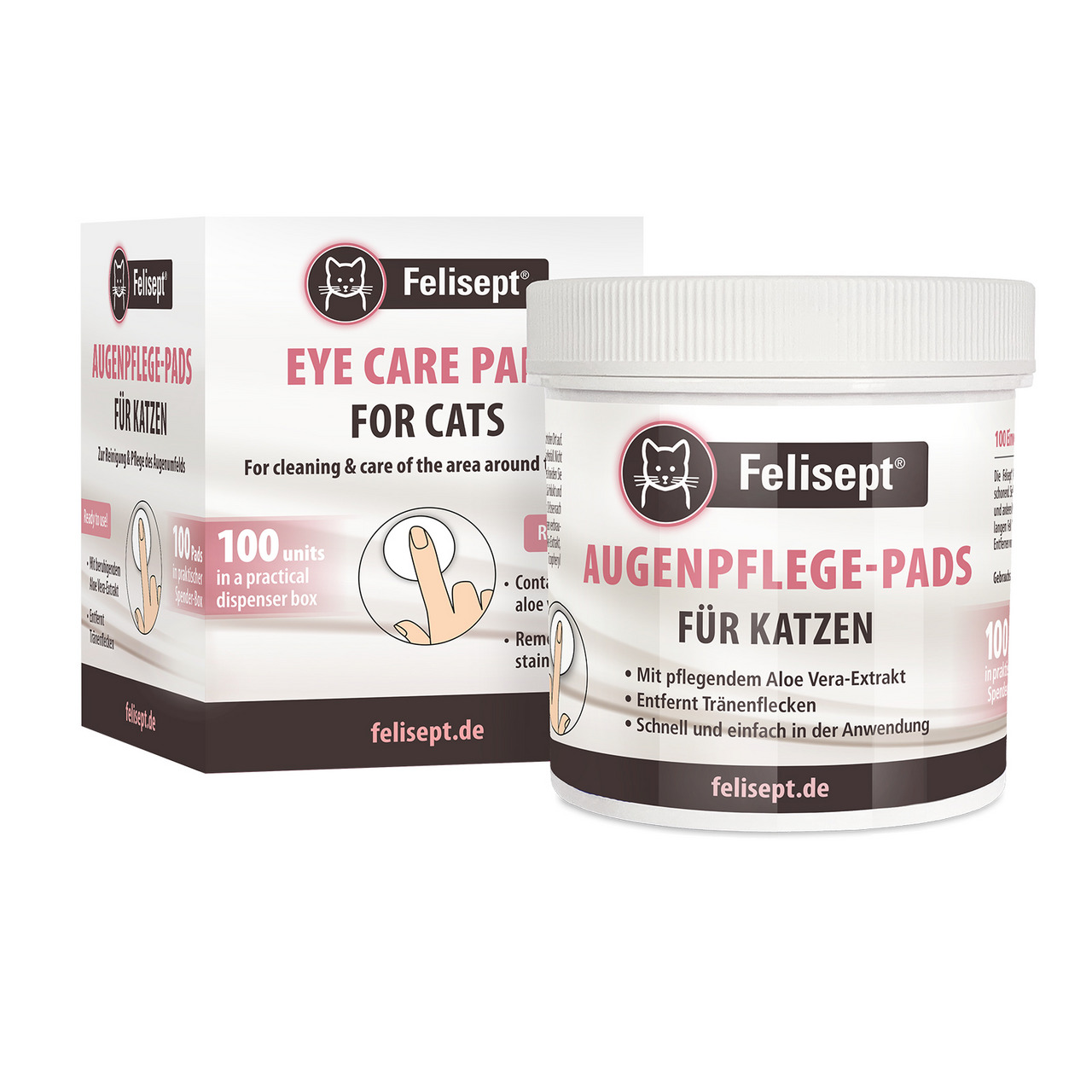 Felisept Augenpflege-Pads für Katzen, mit Aloe Vera, entfernen Tränenflecken, 100 Pads in Spenderbox, ideal für Katzenhalter.