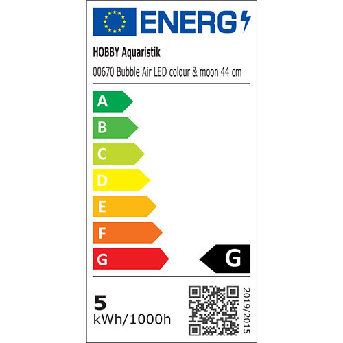 HOBBY Bubble Air LED 44 cm, Aquaristik, Energieeffizienz G, Verbrauch 5 kWh/1000h, EU-Skala A-G, QR-Code.