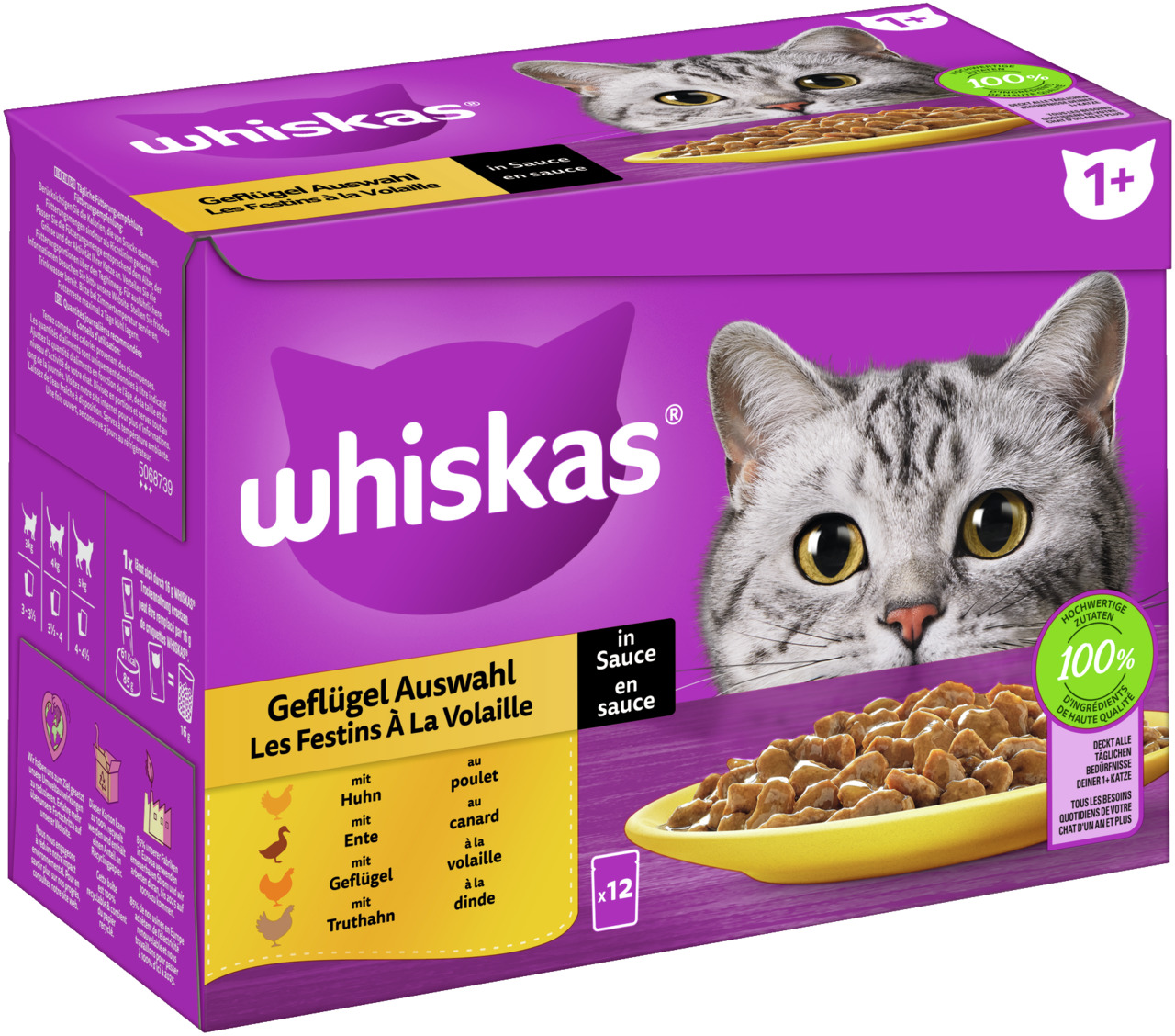 Whiskas Geflügel Auswahl in Sauce, Katzen ab 1 Jahr, Huhn-Ente-Geflügel-Truthahn, 12x Portionsbeutel, 100 % hochwertige Zutaten.