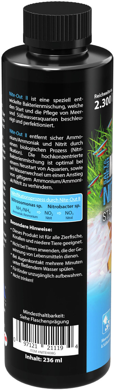 MICROBE-LIFT Nite-Out II, 236 ml, für Meer-/Süßwasseraquarien, entfernt Ammoniak/Nitrit, Reichweite 2.300 L, unterstützt Wasserwechsel.