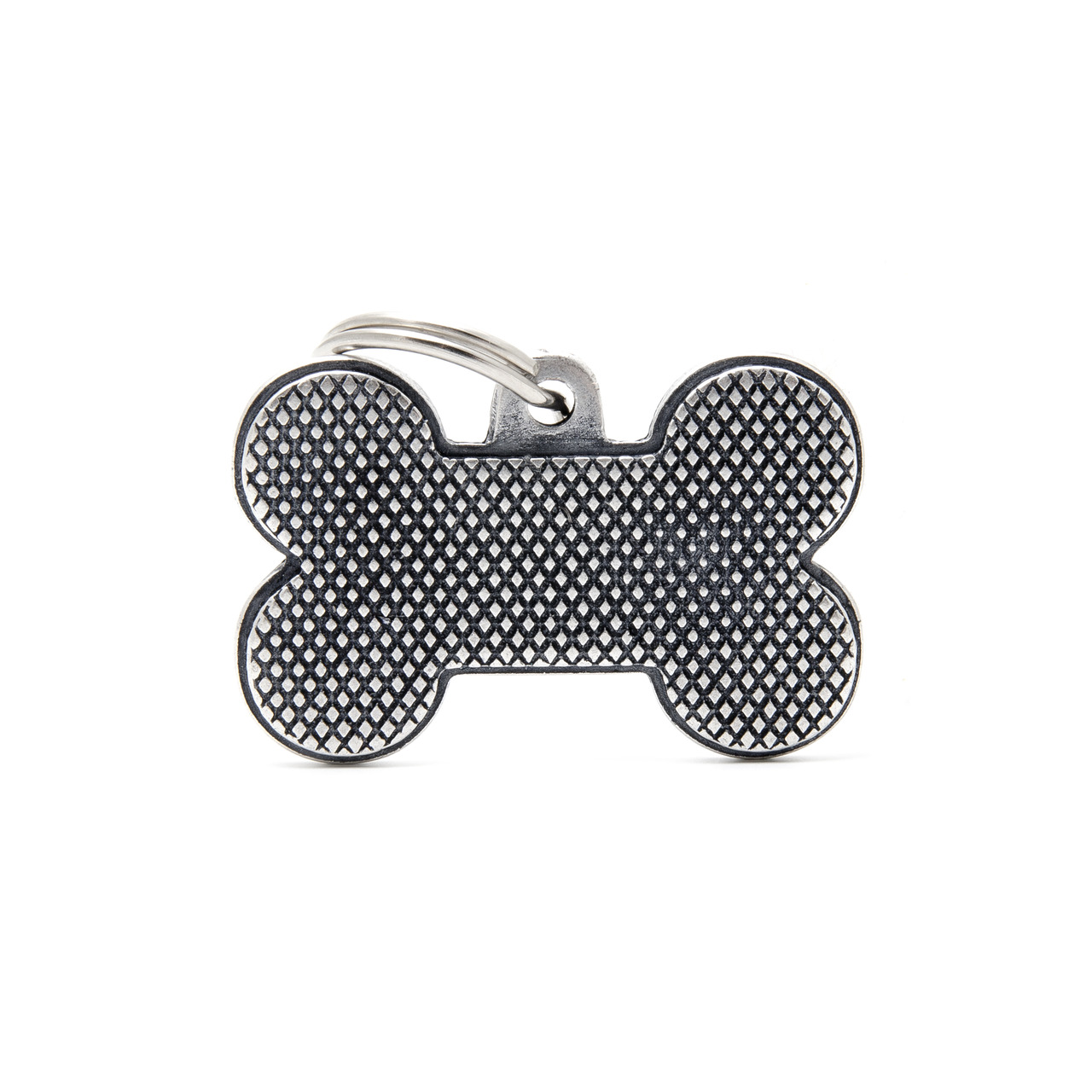 Metall-Hundemarke Knochenform My Family, für Hunde, silberfarben mit Gittermuster, inkl. Schlüsselring, EAN: 8055960252022.
