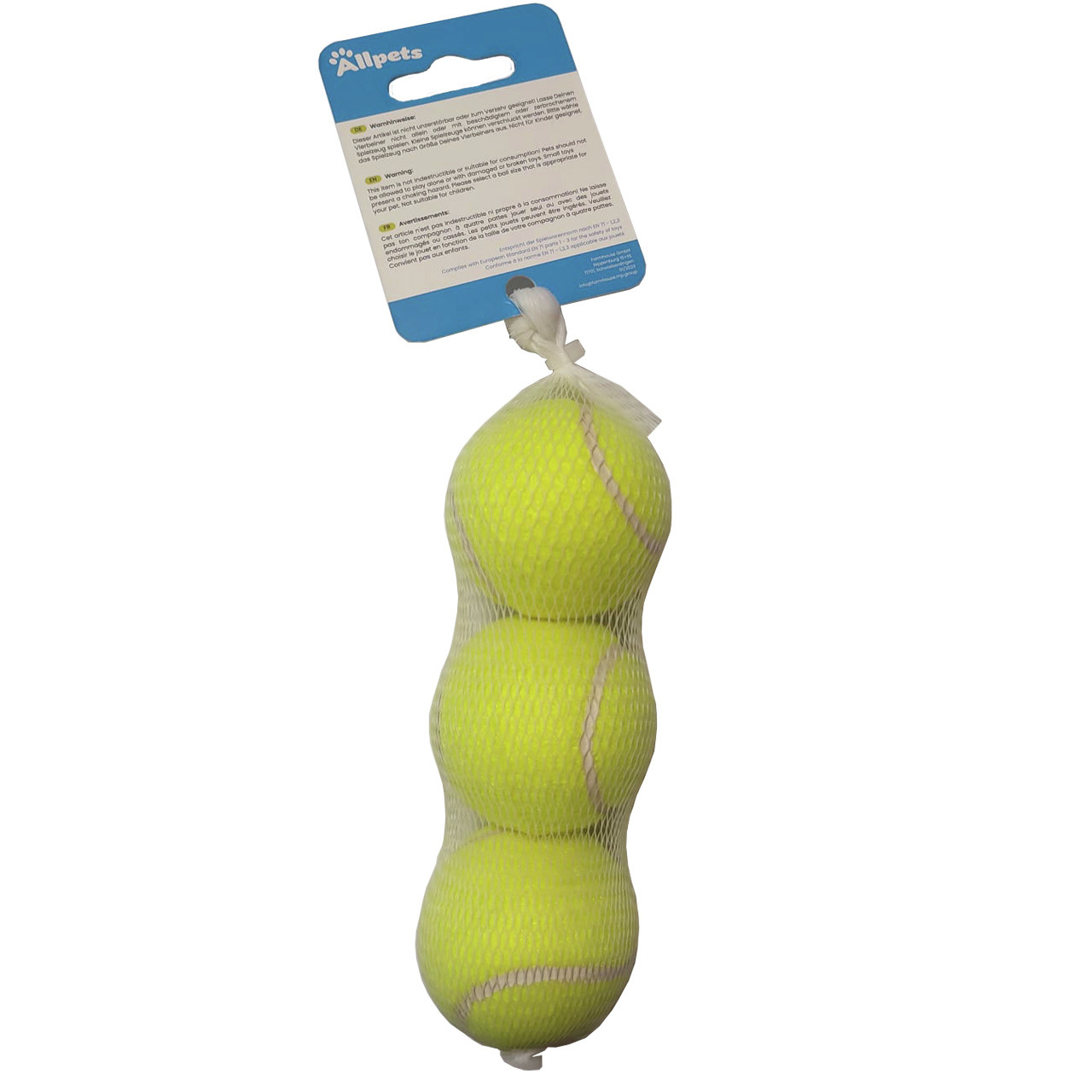 Allpets Tennisball-Set (3 Stk.) für Hunde, gelb, im weißen Netz mit blauer Karte – ideal für Spielspaß.
